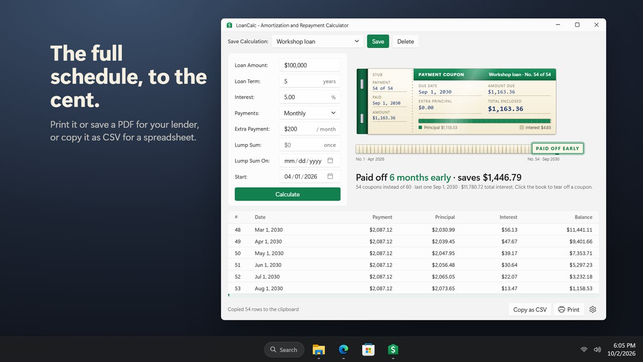 The full schedule, exact to the cent. Print it, save a PDF or copy it as CSV.