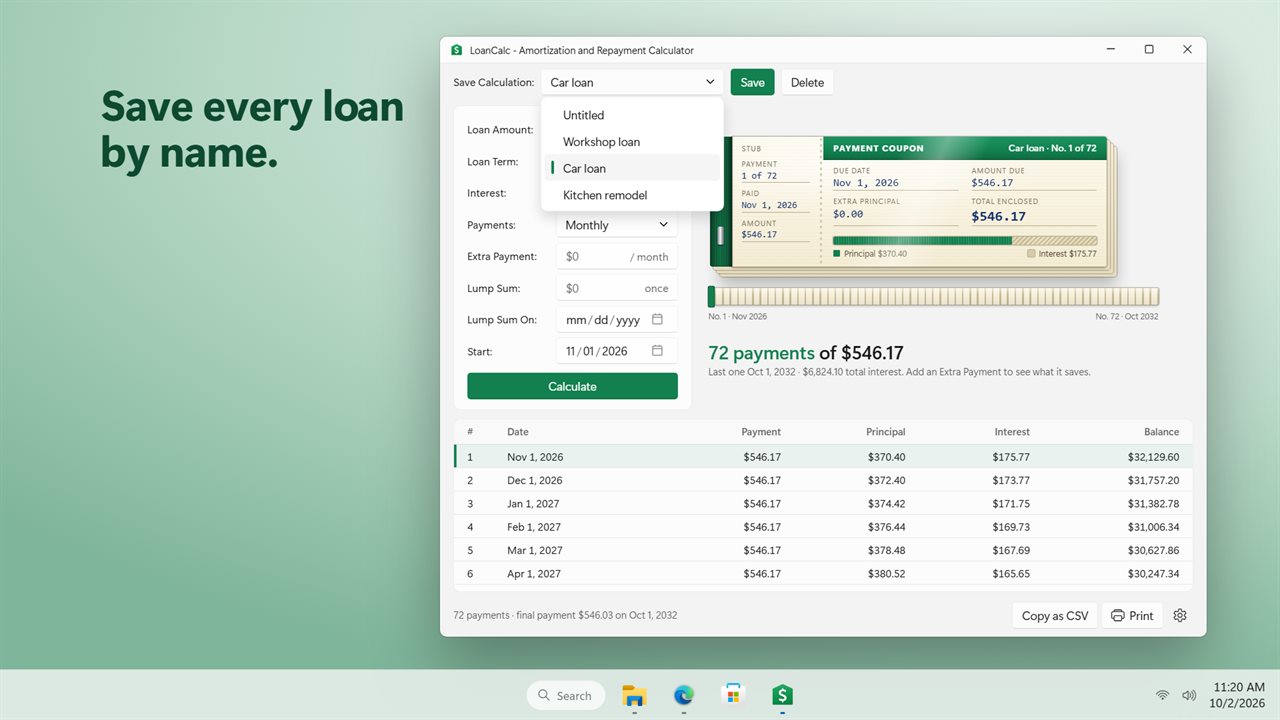 Save loans by name and switch between them.