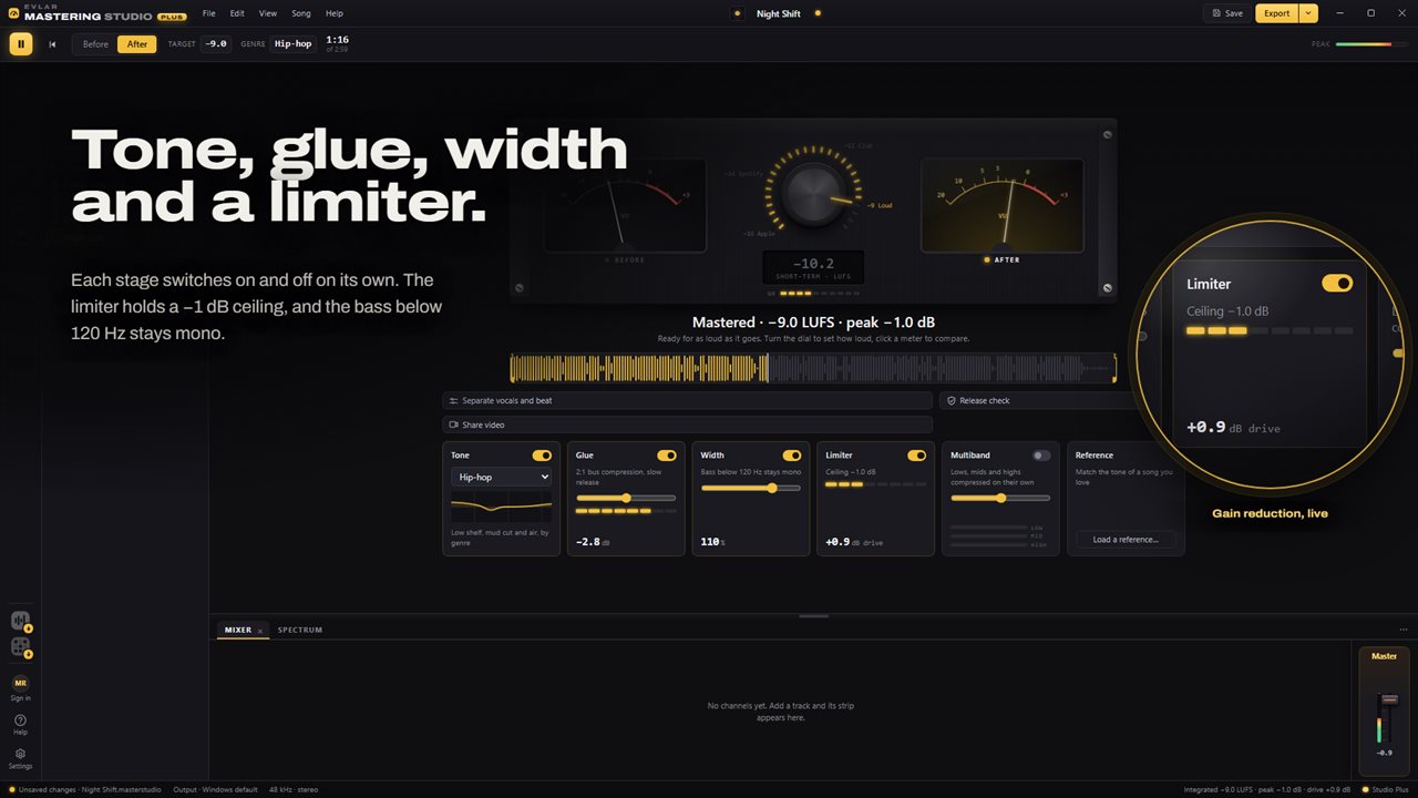 Tone, glue, width and a limiter, each switched on its own.
