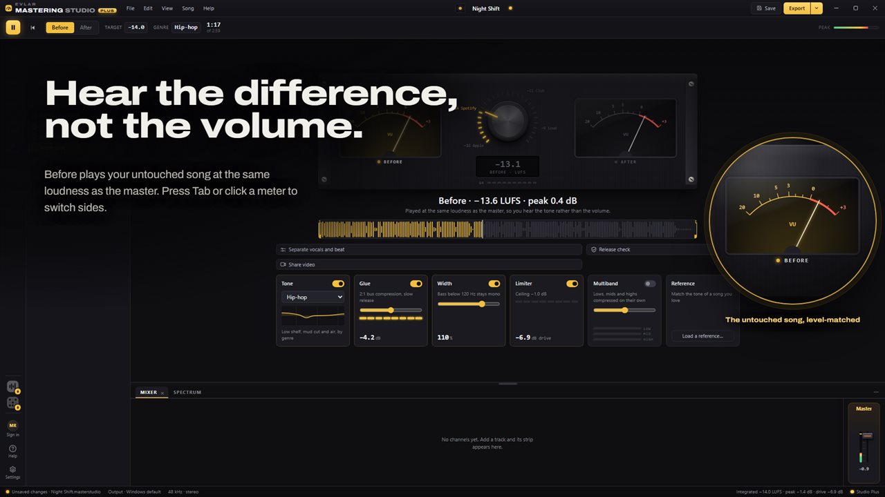 Before and after at the same loudness, so you hear the tone, not the volume.
