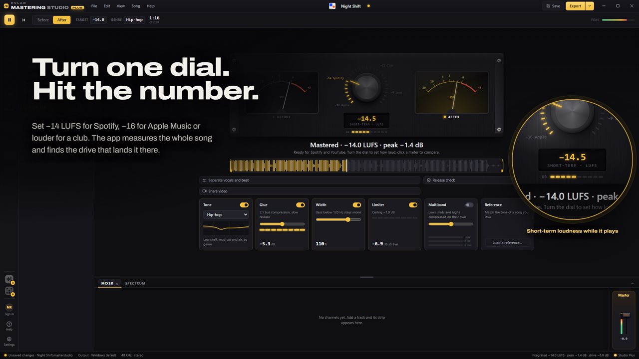 One dial sets the loudness; the whole song is measured to hit it.