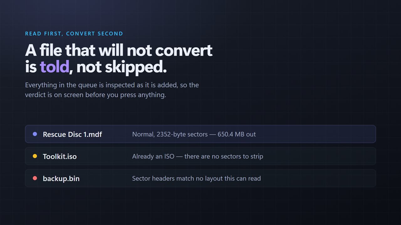 A file that will not convert is named, with the reason, before you press anything.