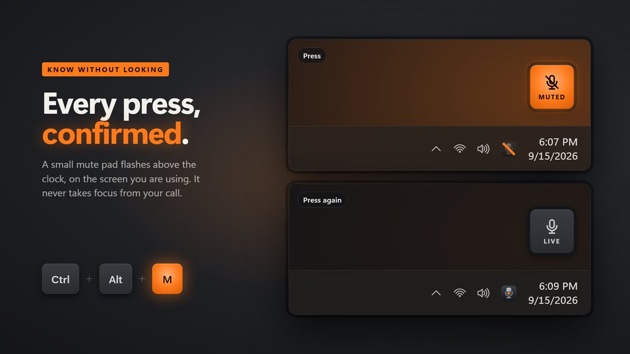 A mute pad above the clock confirms every press.