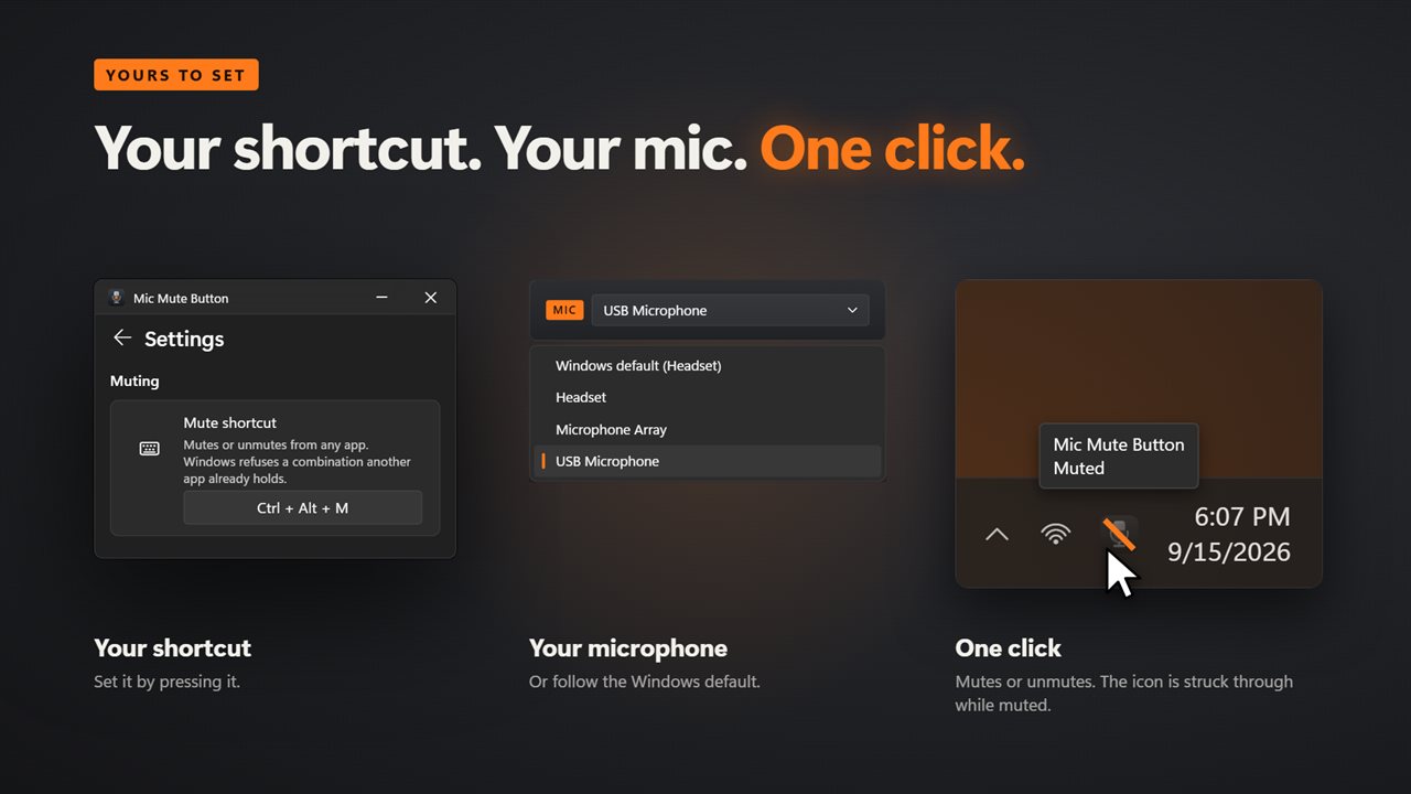 Your shortcut, your microphone, and one click in the notification area.