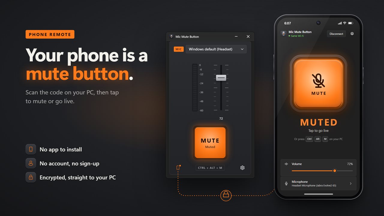 Use your phone as a mute button. No app to install, no account, and an encrypted link straight to your PC.