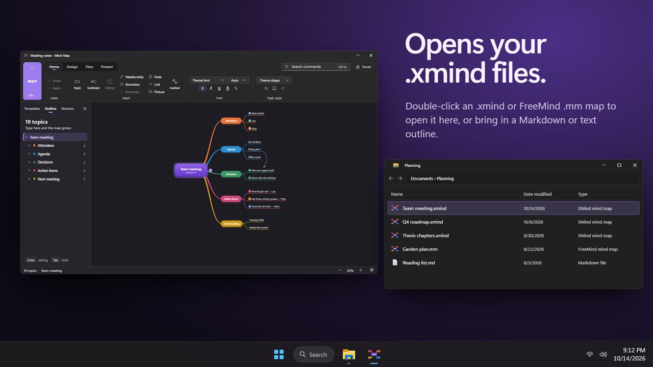 Opens .xmind and FreeMind .mm maps, Markdown and text outlines.