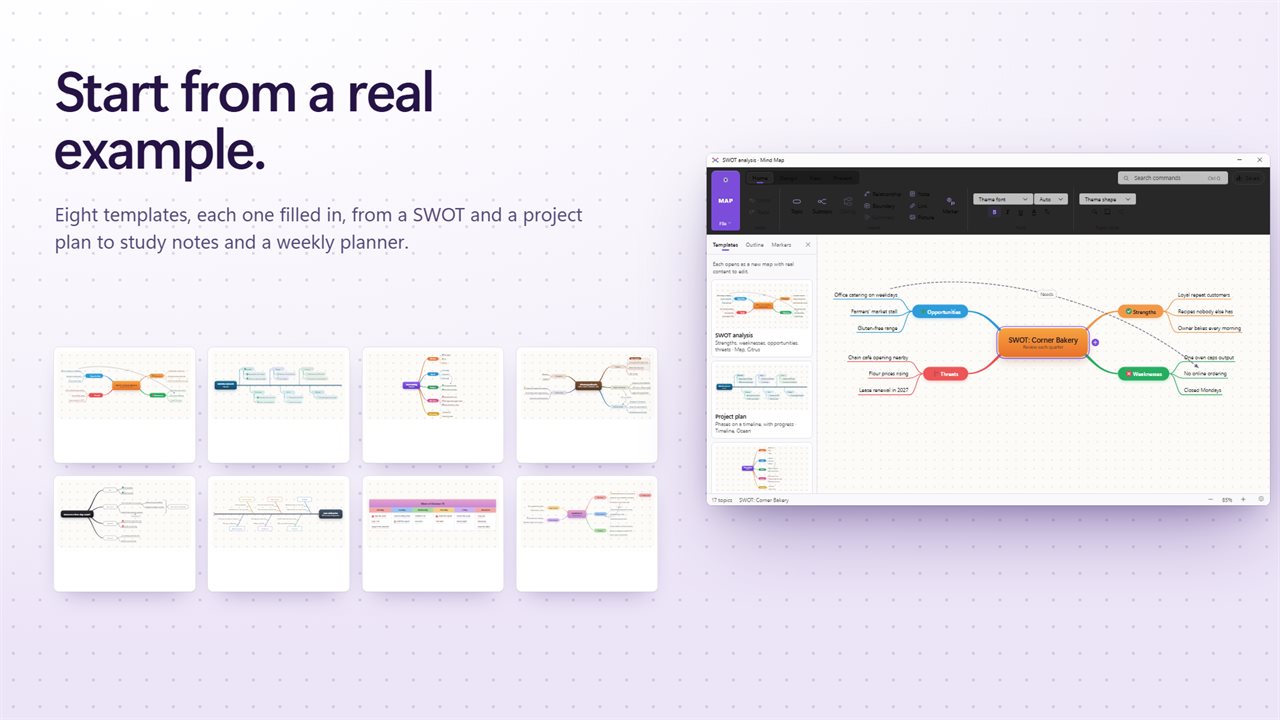 Eight templates that come filled in, from SWOT to a weekly plan.