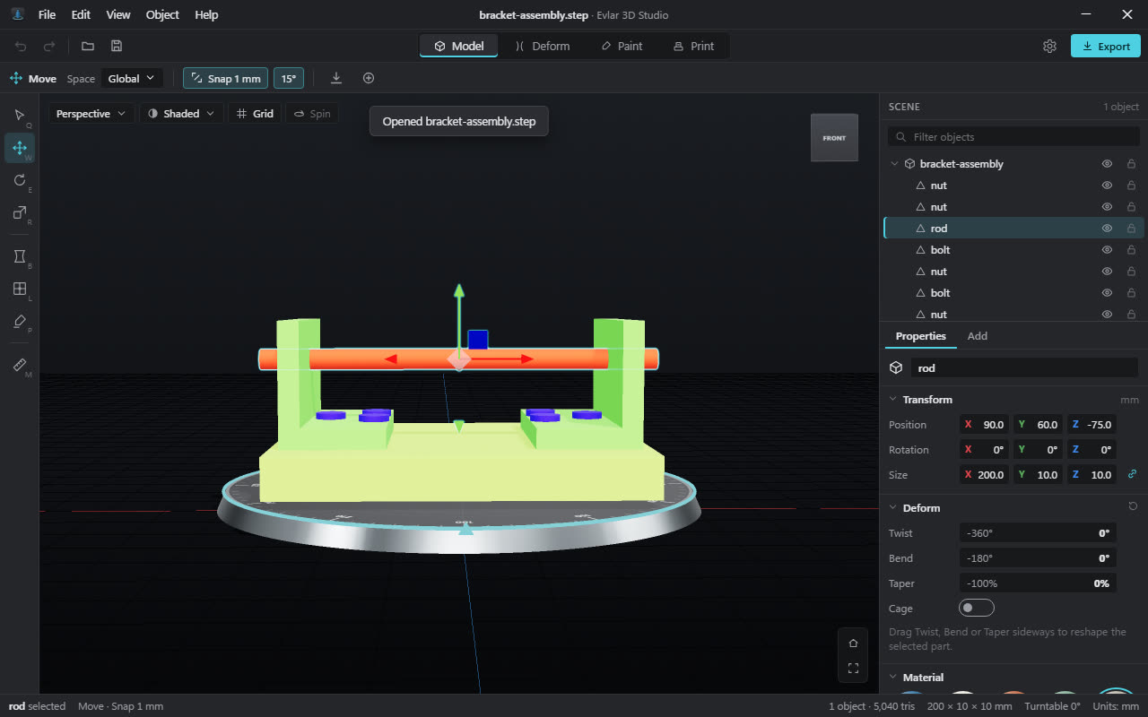 A STEP bracket assembly opened in Evlar 3D Studio, with every bolt and nut listed as its own part