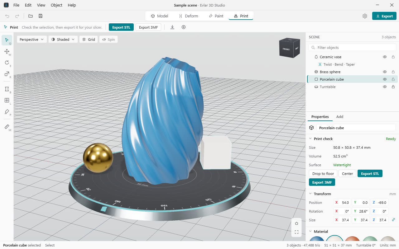 The Print tab showing the print check: size, volume and a watertight surface