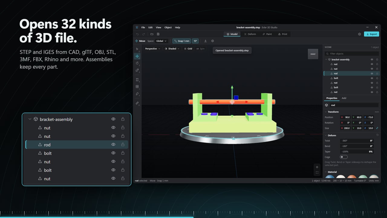 Open 32 kinds of 3D file, from STEP assemblies to glTF and STL.