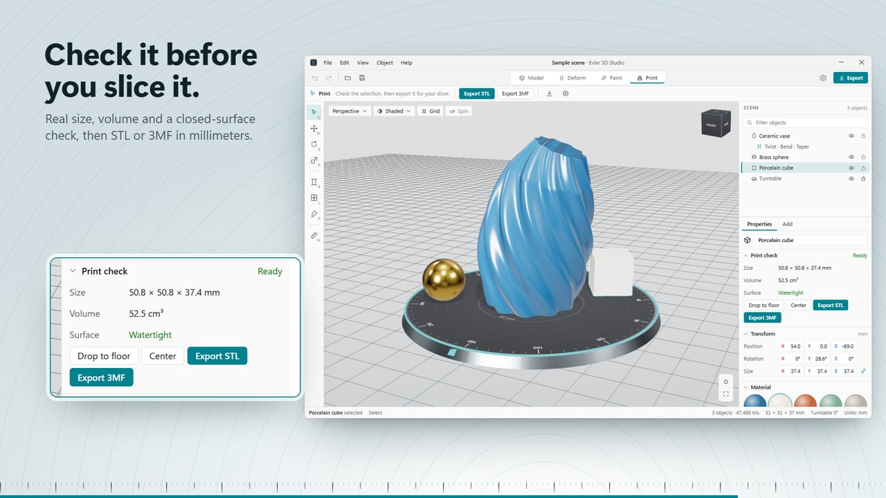 Check the size and export STL or 3MF for your 3D printer.