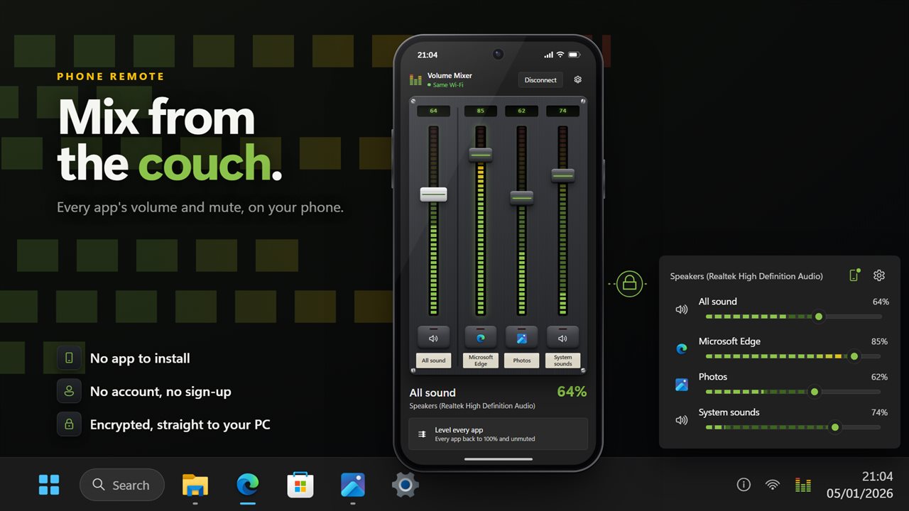 Use your phone as a mixing desk for every app. No app to install, no account, and an encrypted link straight to your PC.