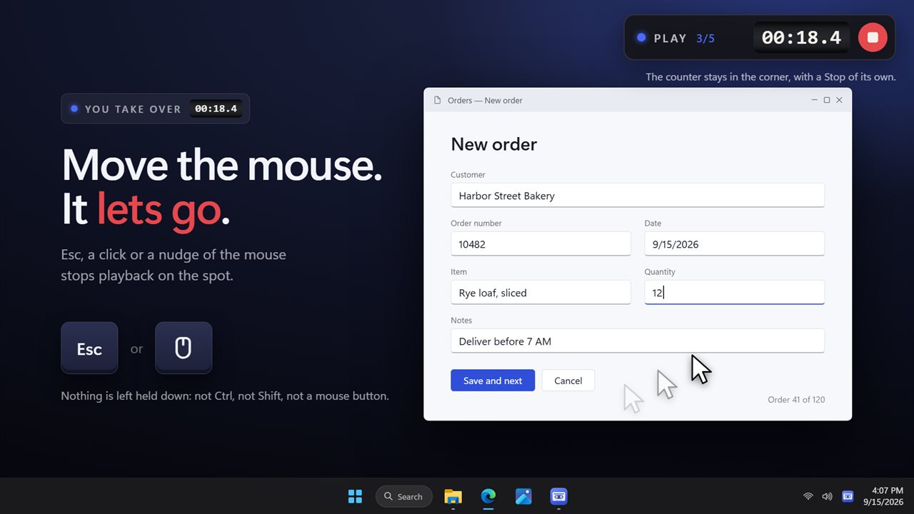 Esc or a move of the mouse stops it. Nothing is left held down.