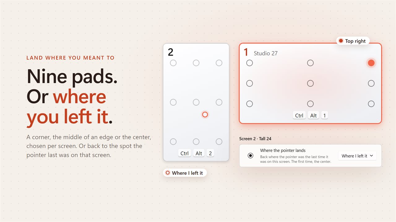 Nine landing pads per screen, or right where you left the pointer.