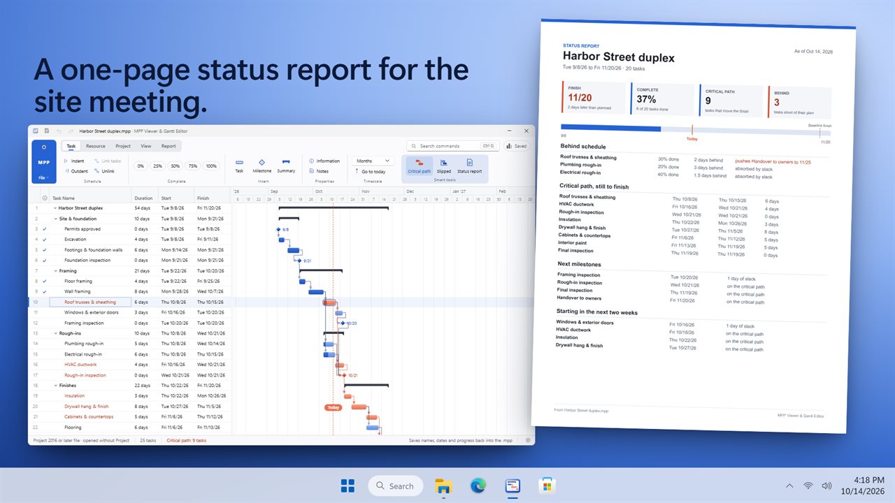 A one-page status report PDF, ready for the meeting.