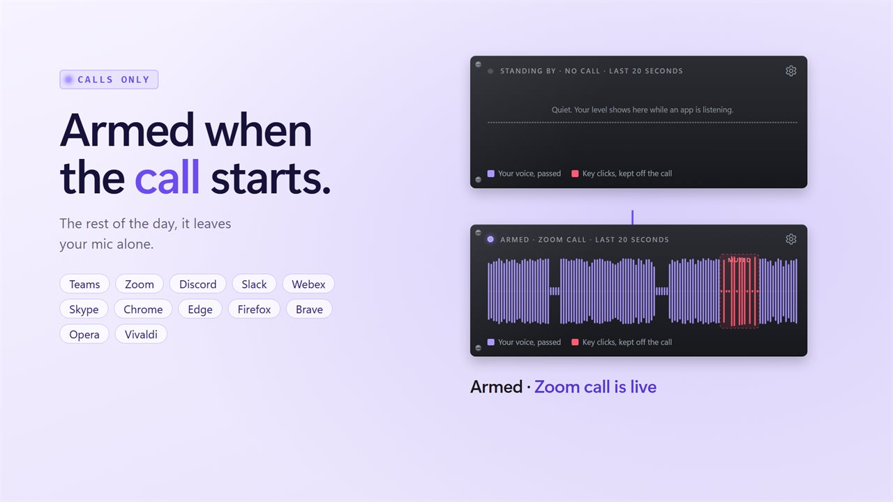 Armed only during calls, in Teams, Zoom, Discord, browsers and more.