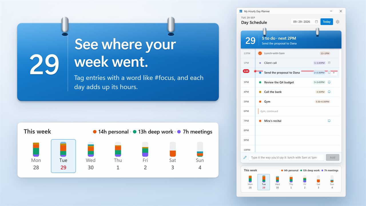 Tag entries and see where your week went.