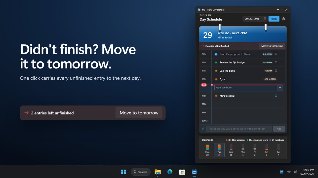 Move everything unfinished to tomorrow in one click.