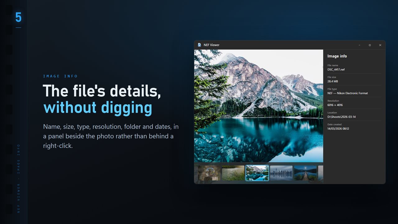Name, size, type, resolution and dates, in a panel beside the image.