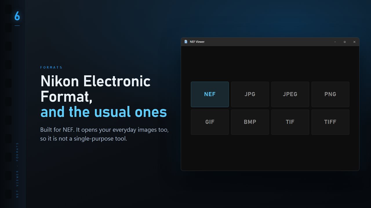 NEF plus the everyday formats: JPG, PNG, GIF, BMP and TIFF.