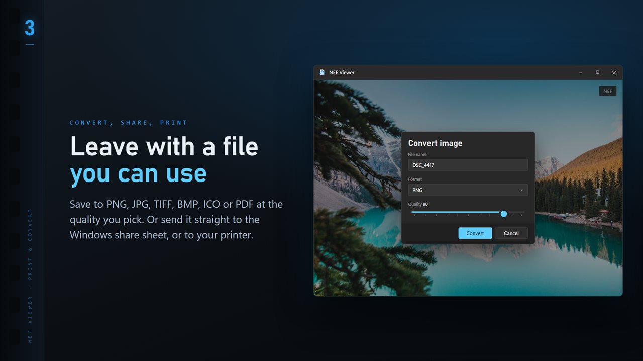 Save to PNG, JPG, TIFF, BMP, ICO or PDF at the quality you pick.