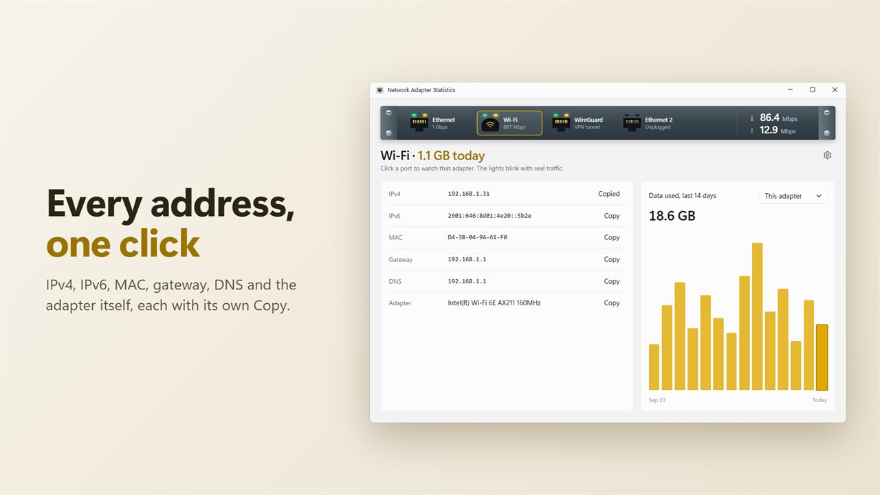 Every address, with one click to copy.