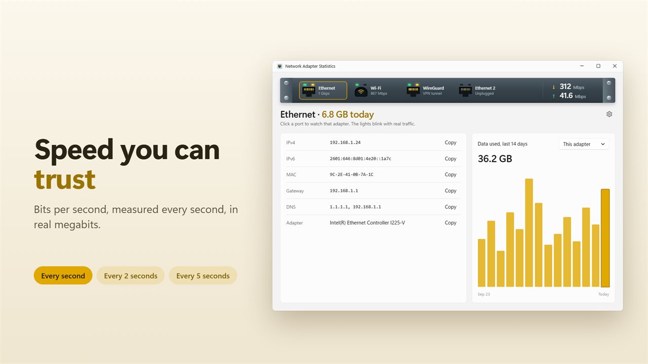 True megabits per second, measured every second.