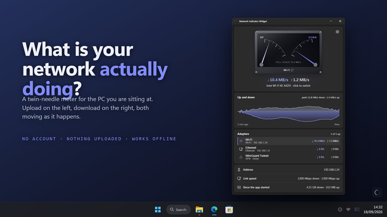 Upload and download as they happen, with every adapter listed.
