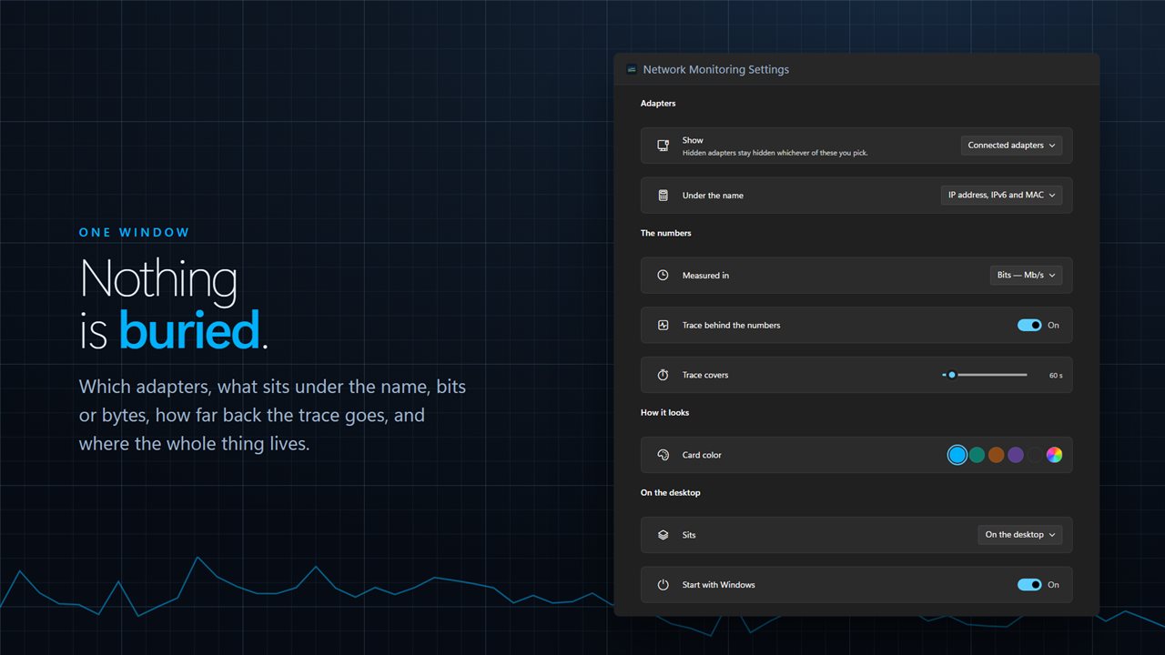 Which adapters, what sits under the name, bits or bytes — all in one window.