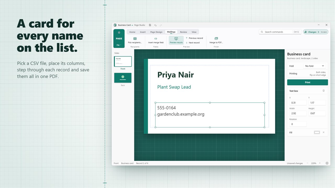 Mail merge from a CSV list, then save every card in one PDF.