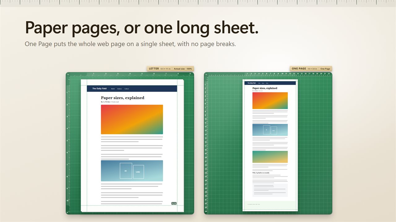 Paper pages, or the whole web page on one long sheet.