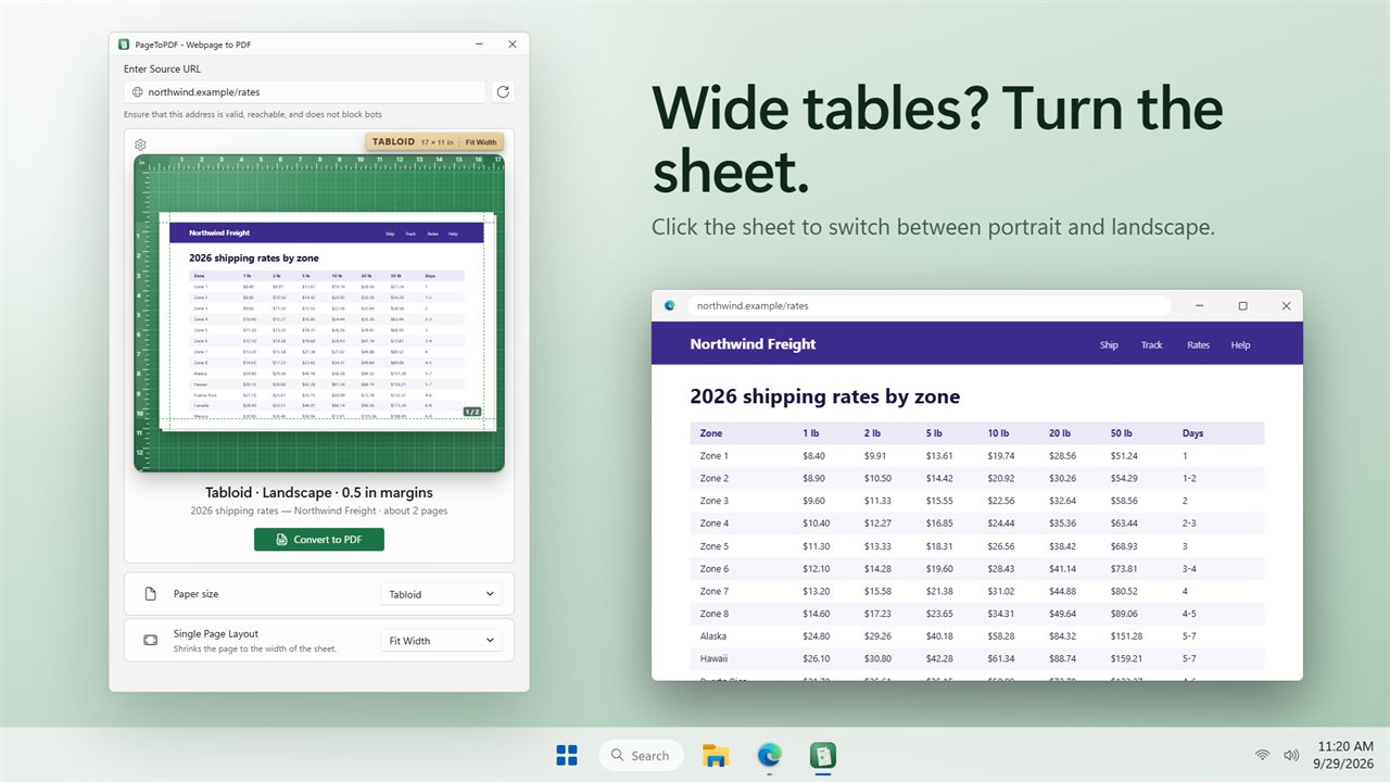 Click the sheet to turn it landscape for wide tables.