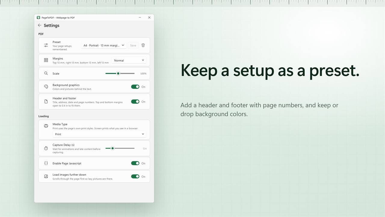 Save a setup as a preset, with a header, footer and page numbers.