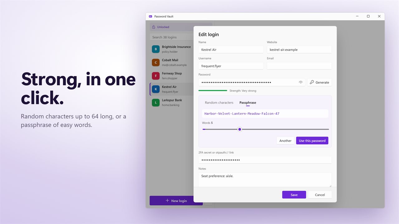 Make a strong password or passphrase in one click.