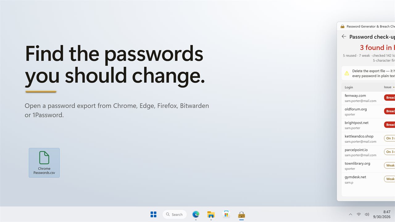 Find the saved passwords that are breached, reused or weak.