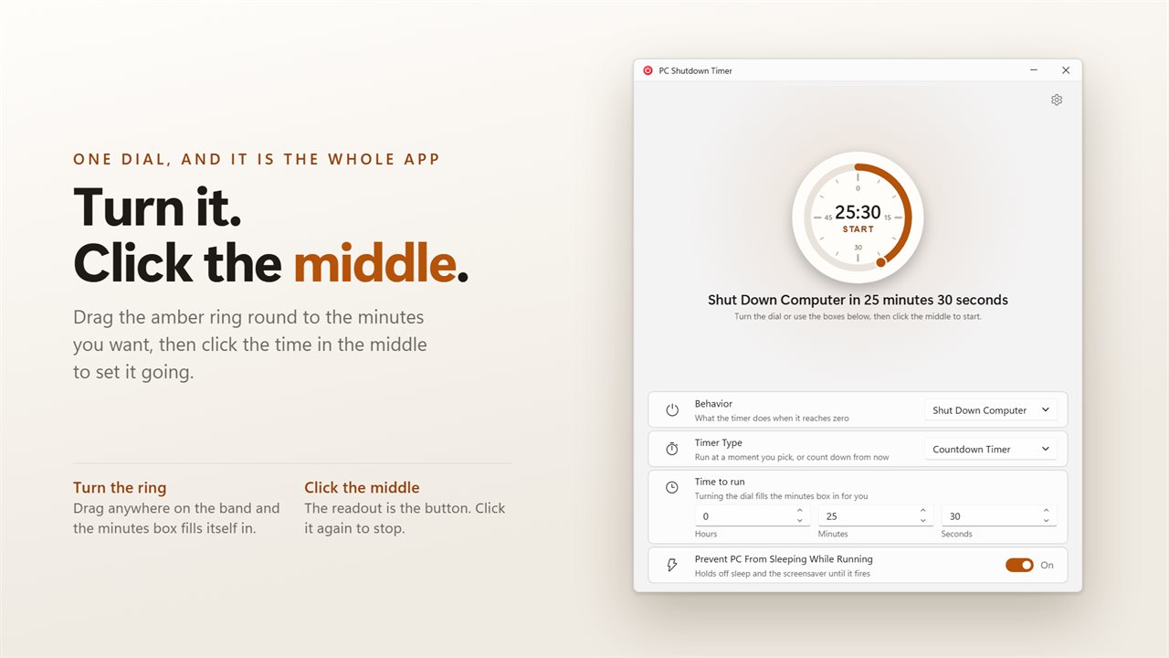 The dial is the app: turn the ring to set the time, click the middle to start.