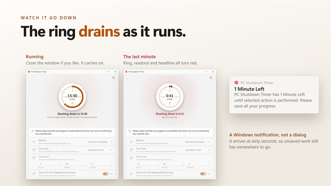 The ring drains as it runs, and the last minute brings a Windows notification.