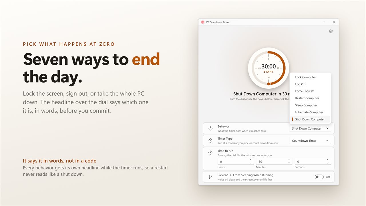 Seven things it can do at zero, from locking the screen to a full shut down.