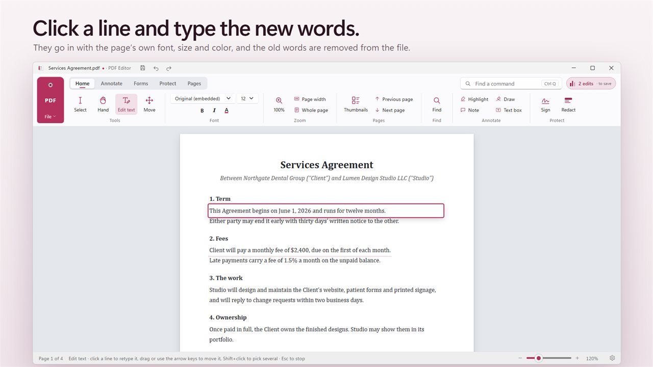 Click a line and type the new words, in the page's own font.