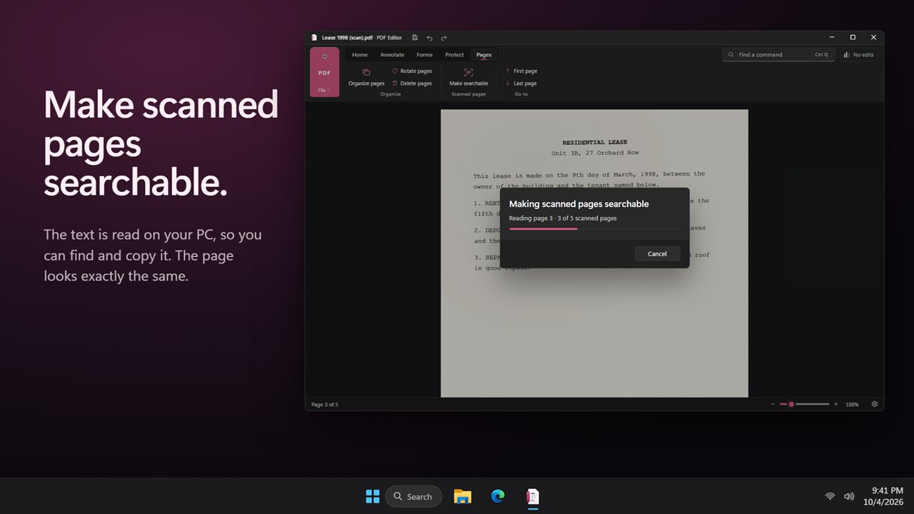 Make scanned pages searchable, right on your PC.