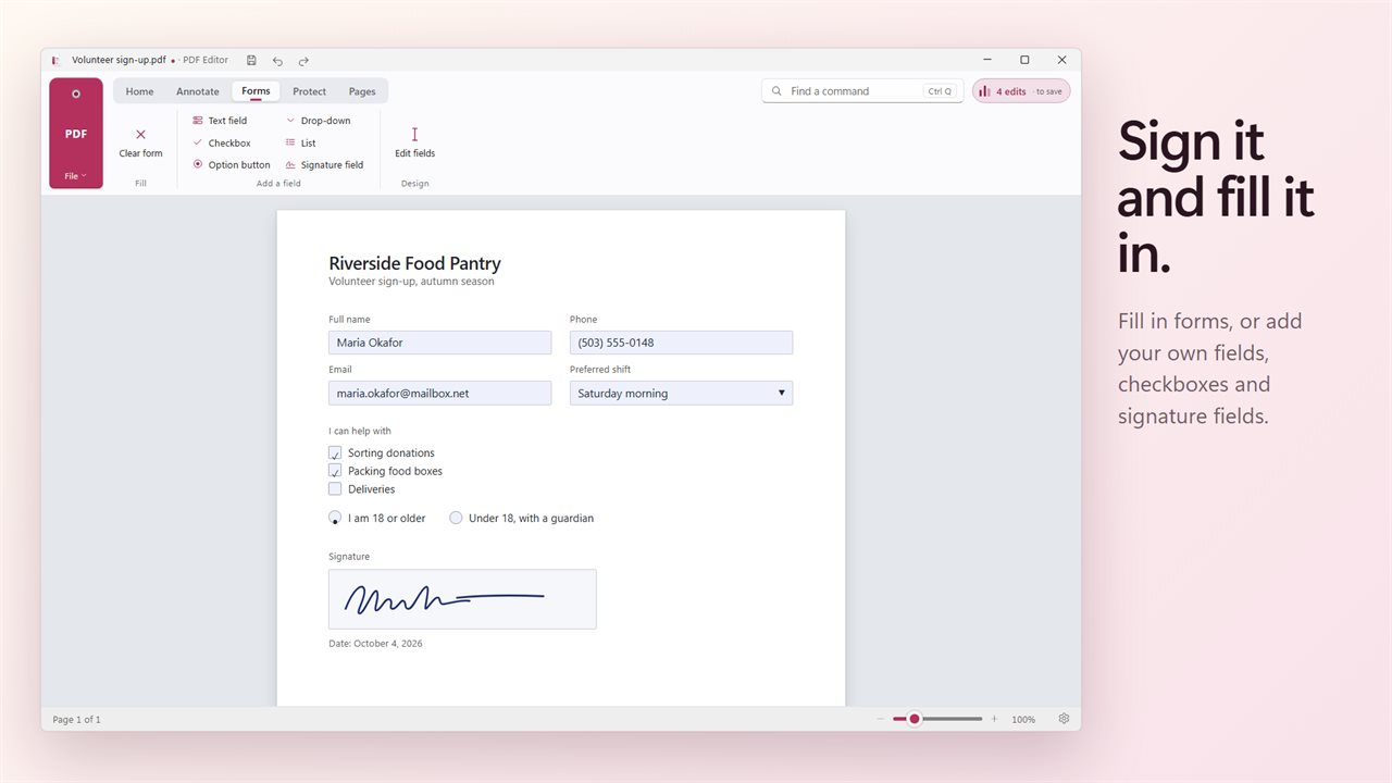 Sign and fill in forms, or add your own fields.