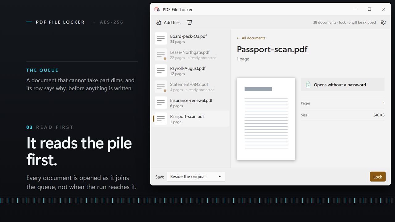 It reads the pile first: documents already protected are marked before you run.