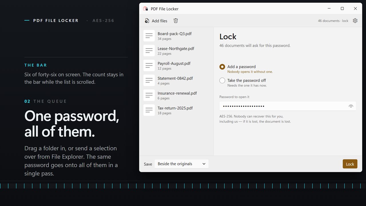 Drop in a folder. One password goes onto every document in the queue.