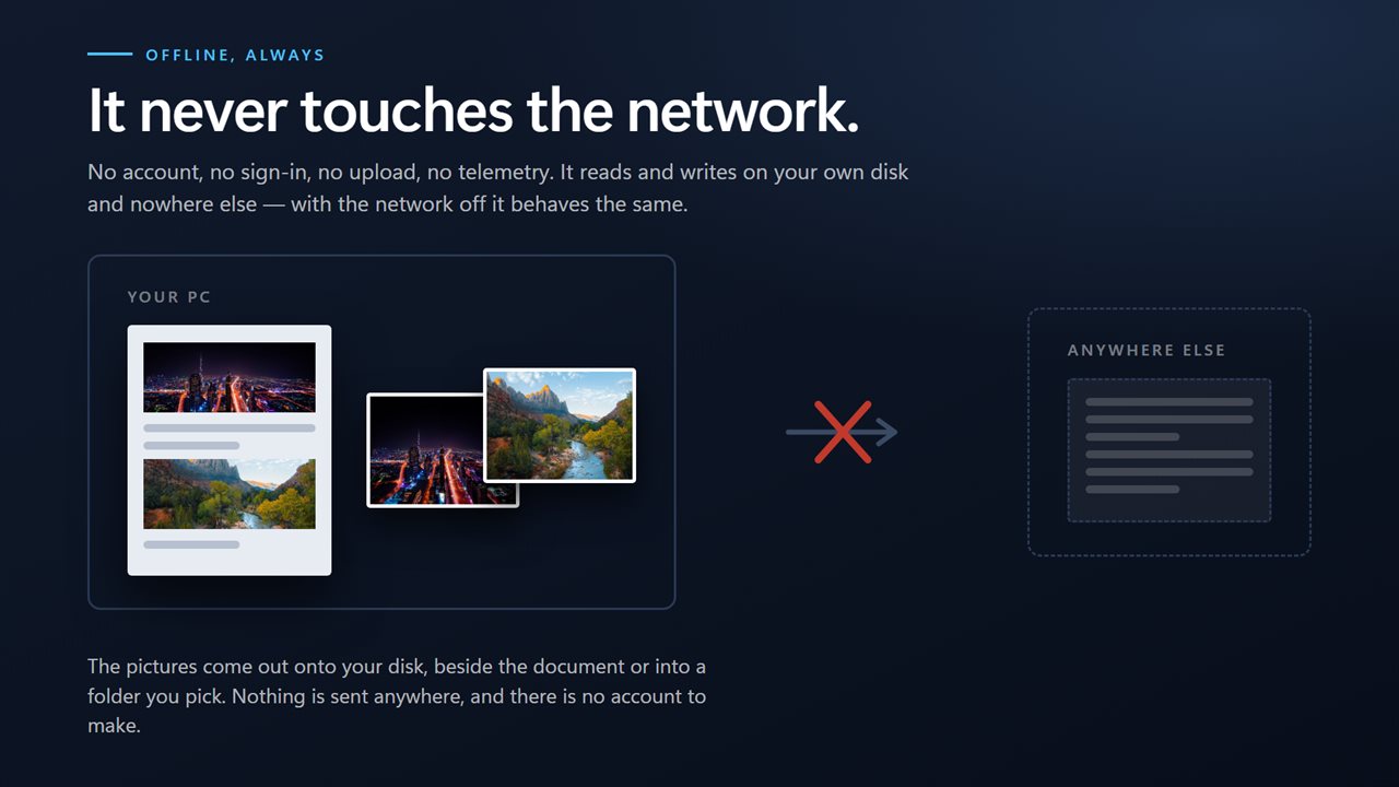 No account, no upload, no server processing. The documents stay on your PC.