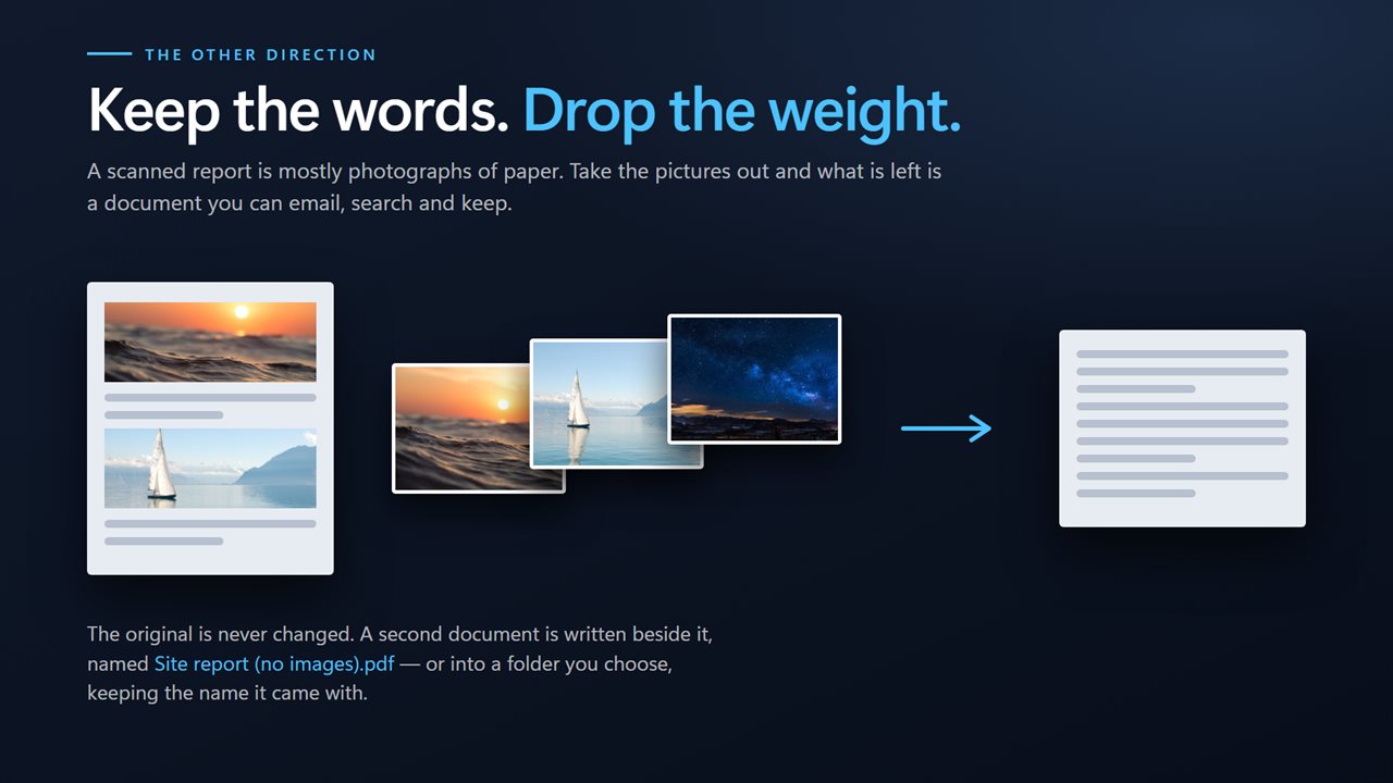 Removing the pictures from a 40 MB scan leaves a document you can actually email.
