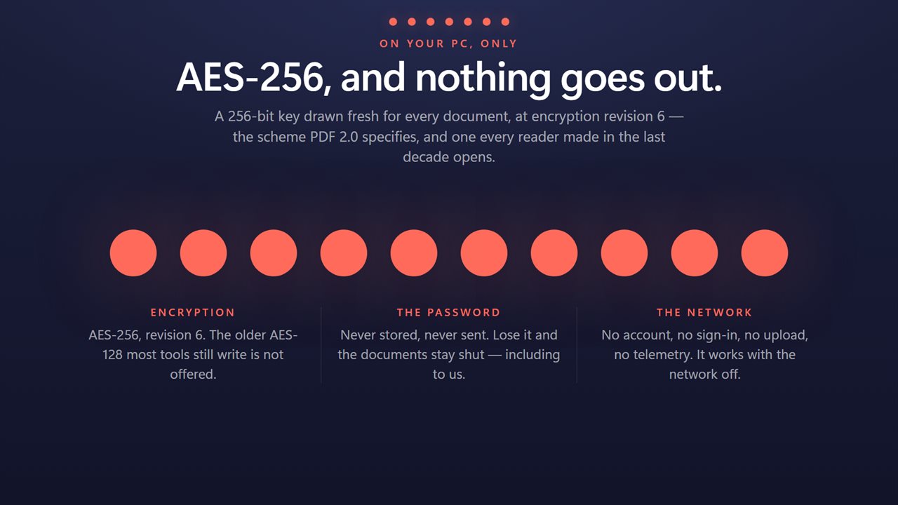 AES-256, no account, no upload. The documents never leave your PC.