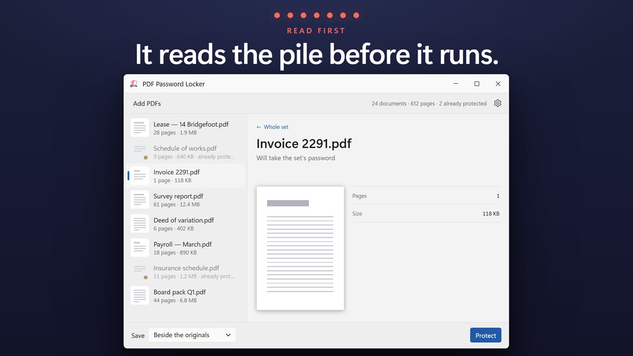 Documents already carrying protection are marked before the run, not after it.