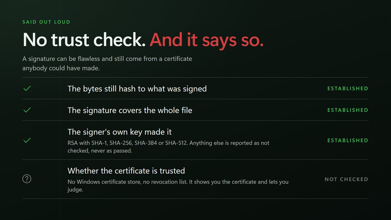 It does not check certificate trust, and says so rather than implying it with a green tick.