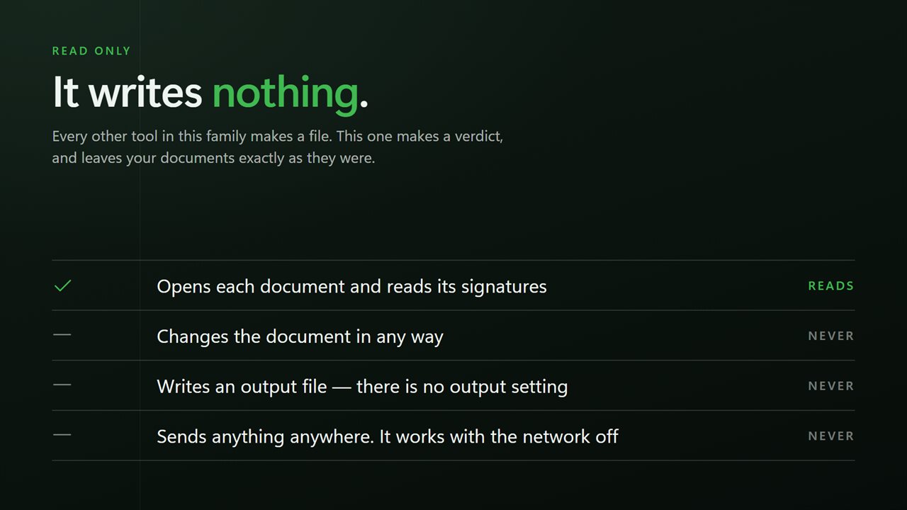 It writes nothing. Your documents are read and left exactly as they were.