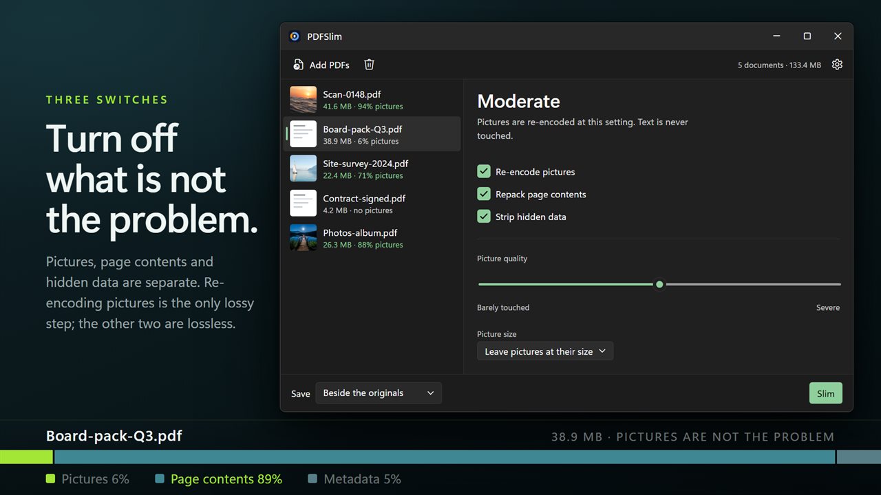 Pictures, contents and metadata as three separate switches — turn off what is not the problem.